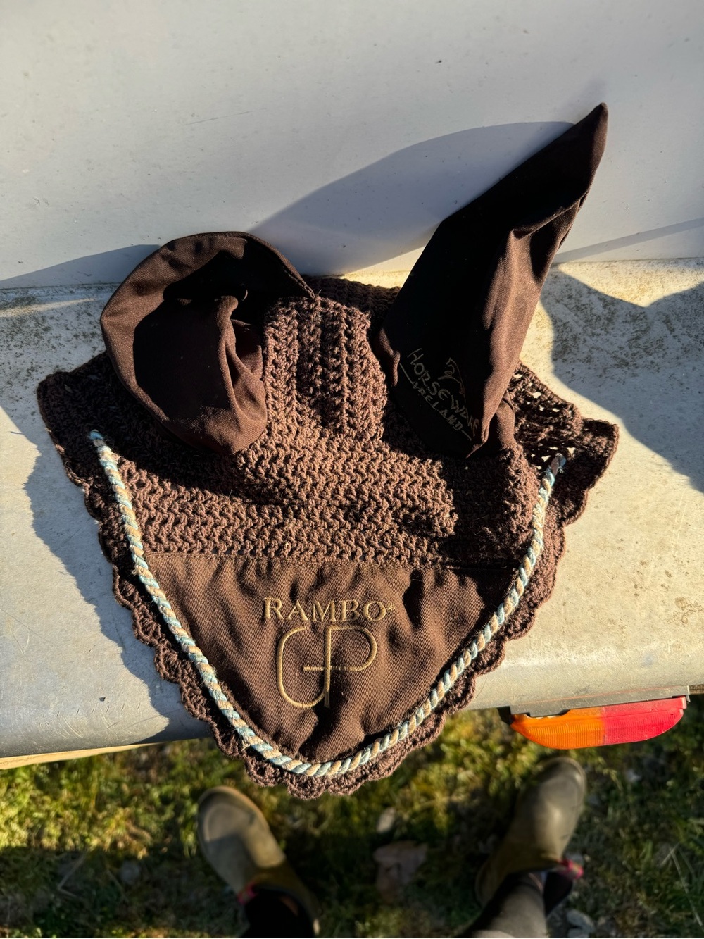 Rambo GP Brown Crochet Ear Bonnet Horse Wear